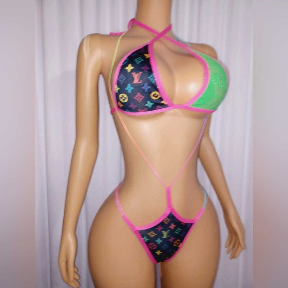 NWOT Handmade Modified Tri-Top Slingshot Y-String Thong Sexy Tribute Logo Bikini - Picture 3 of 5